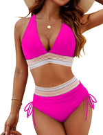 Women’s deep V-neck bikini set in hot pink with multicolor striped waist band and tied sides