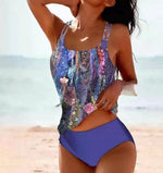 High-waist bikini set with blue multicolor paisley cami top and purple briefs