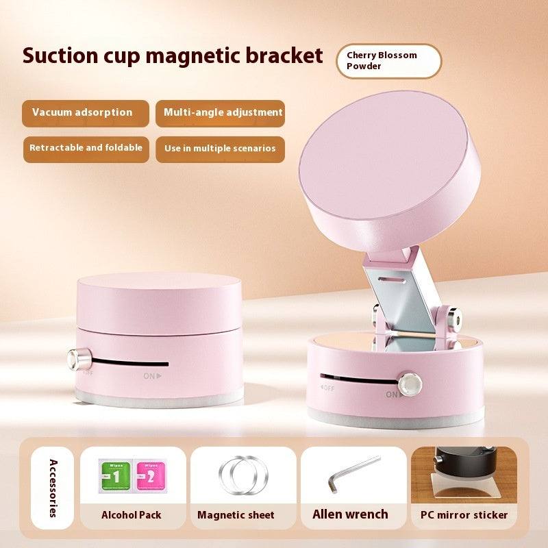 Pink suction cup magnetic phone holder with foldable circular head and accessories
