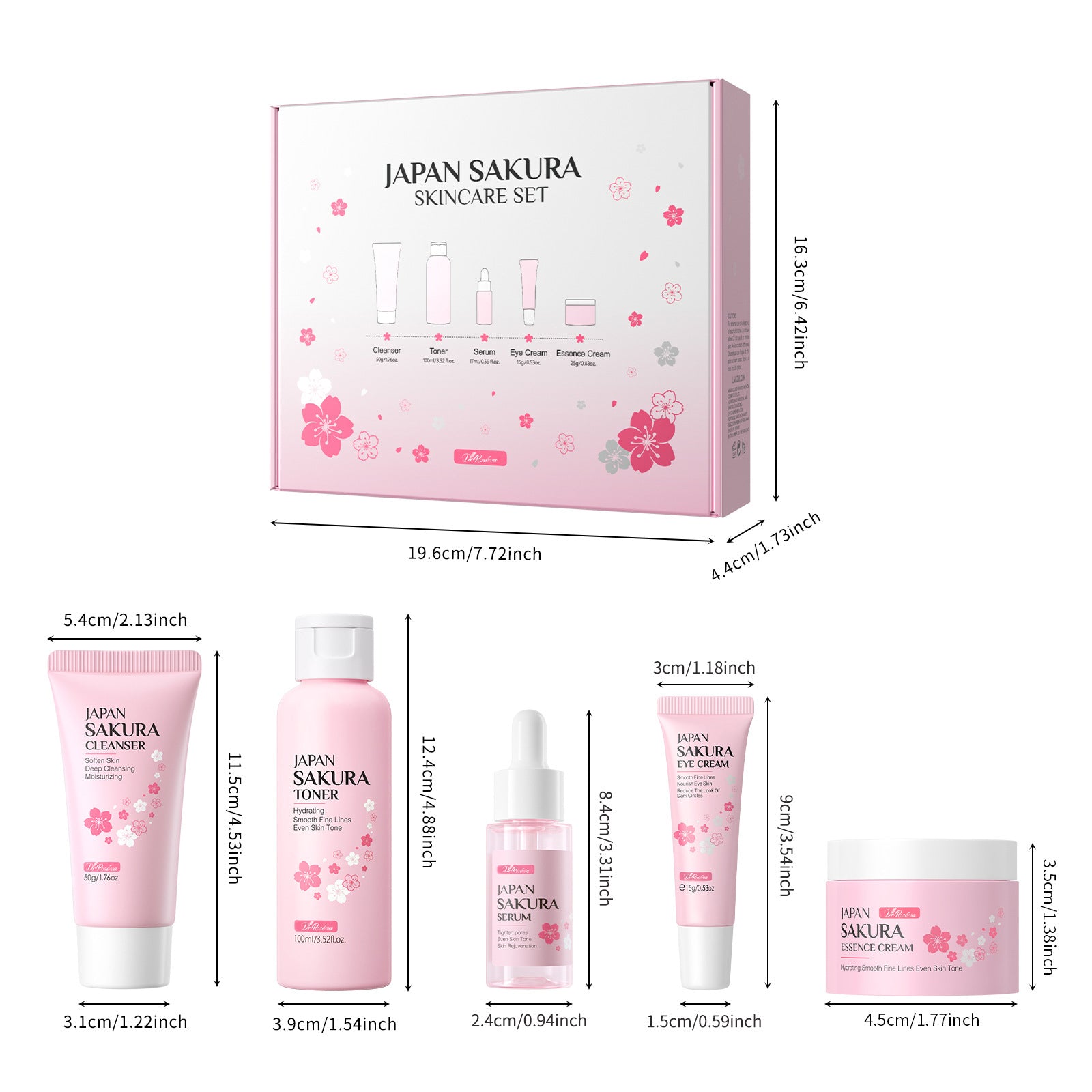 Japan Sakura skincare set gift box side view with product sizes and height labels