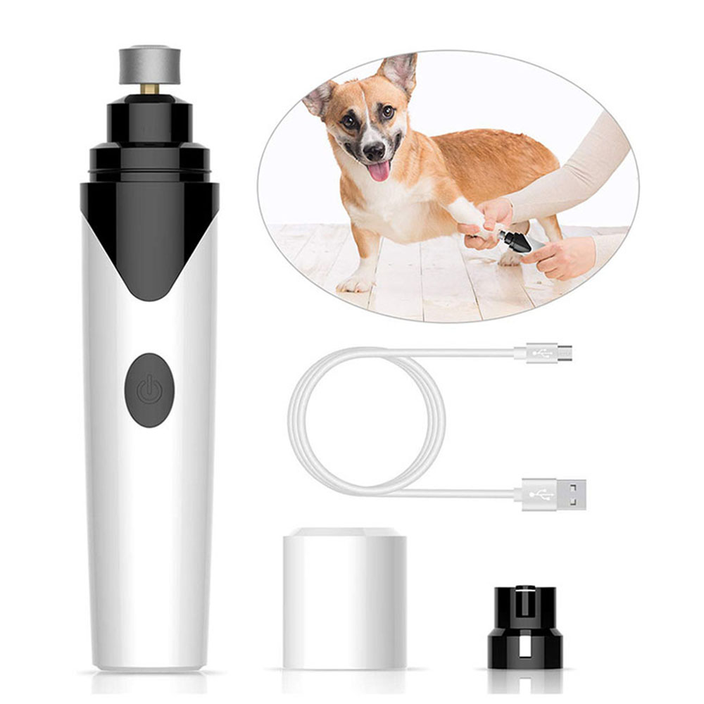 Electric pet nail grinder with USB cable, white handle and black grinding head
