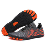 Black and orange unisex water shoes with lace-up upper and traction outsole