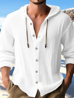 White hooded button-down top with drawstring, long sleeves