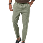 Men's drawstring straight pants in sage green, high waist and ankle cuffs