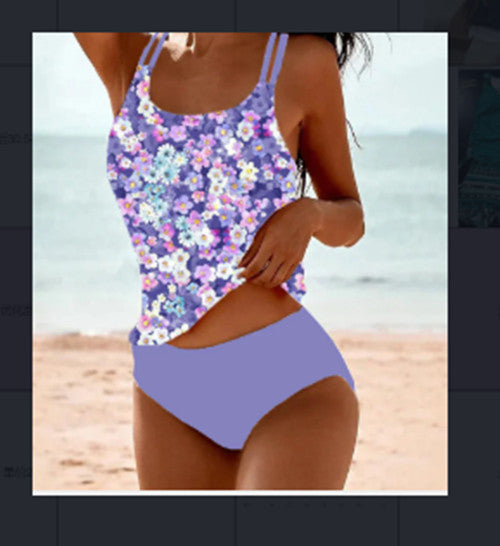 High-waist bikini set with purple floral cami top and lavender briefs