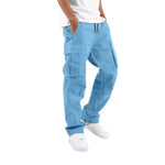 Men’s cargo pants, light blue, multi-pocket cargo design, drawstring waist, straight leg