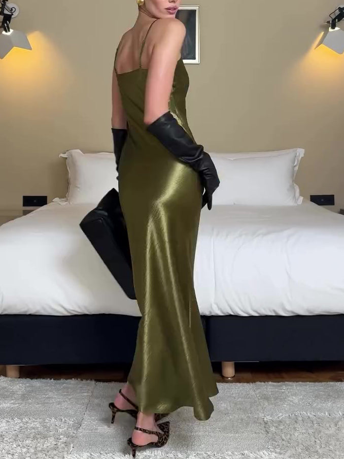 Olive satin slip maxi dress with V-neck, slim fit, smooth satin sheen