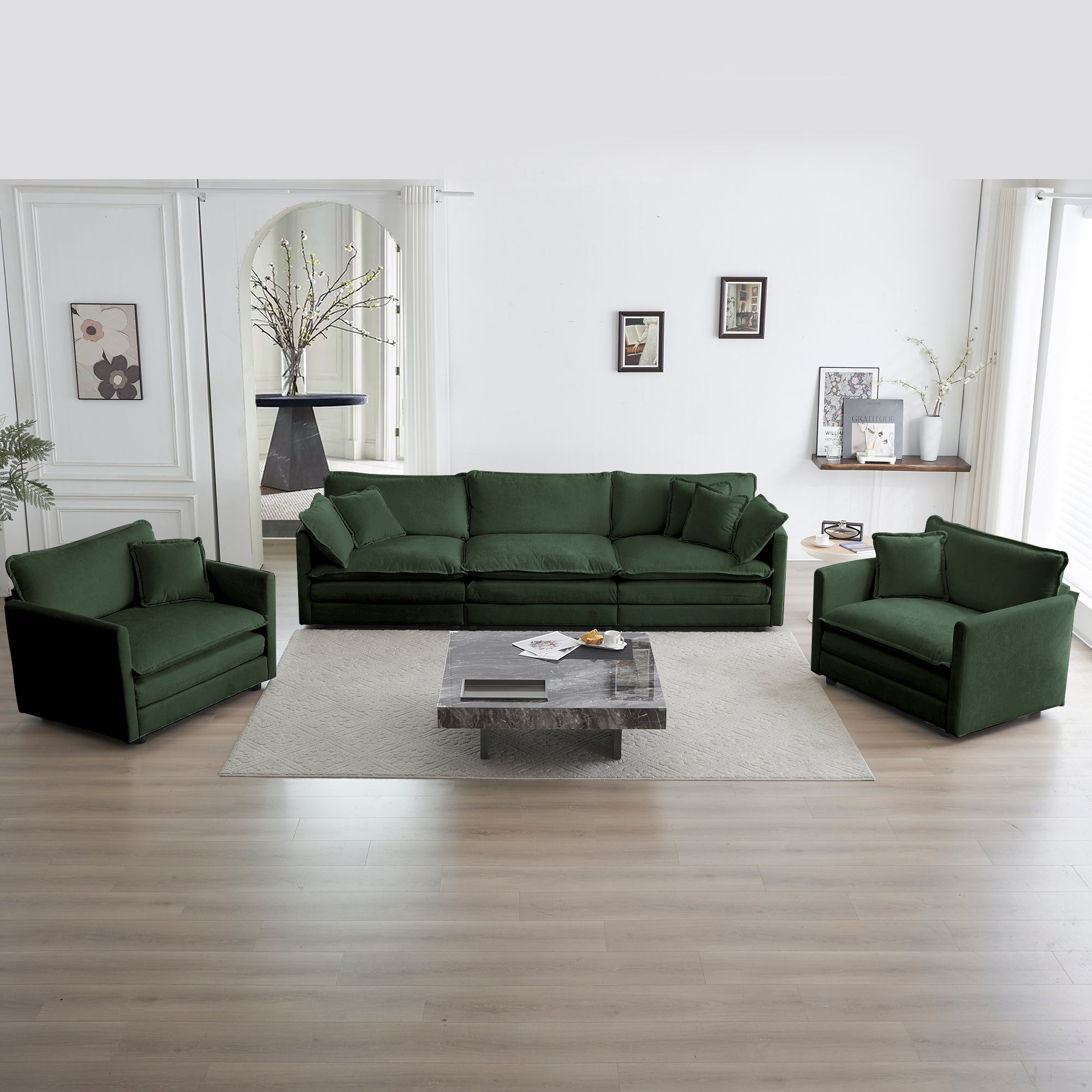 Juego de sofá de 3 piezas, juego de sofá de sala de estar de 1-1-3 asientos, sillón, sofá de dos plazas y sofá de tres plazas estilo moderno con brazos redondos, juego de sofá de 3 piezas, chenilla verde