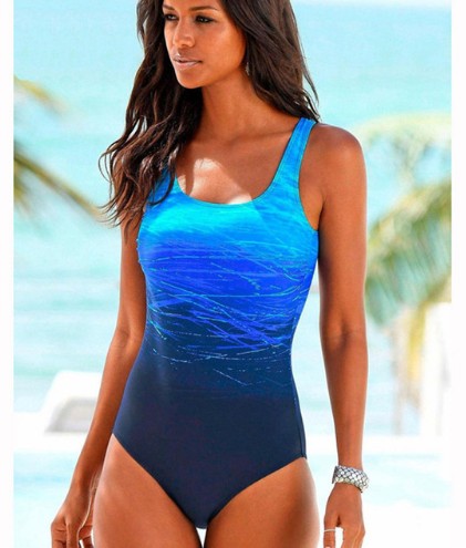 One-piece swimsuit, blue patterned upper with dark bottom, scoop neckline