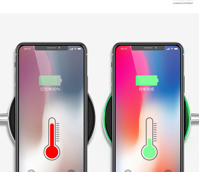 Wireless charging pad with two smartphones on it, battery charging icons displayed