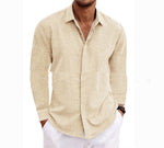 Beige men’s long-sleeve button-front cardigan shirt with open collar and patch pockets
