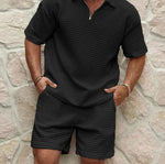 Men's zip short-sleeve shirt and shorts set, black quilted texture, half-zip neckline