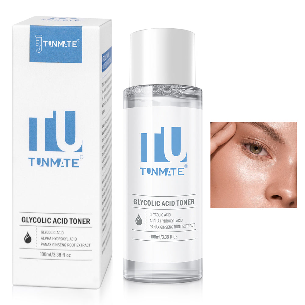 TUNMATE glycolic acid toner bottle with box and skincare face close-up