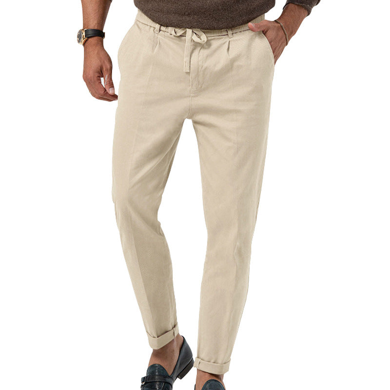 Men's drawstring straight pants in light beige, high waist and ankle cuffs