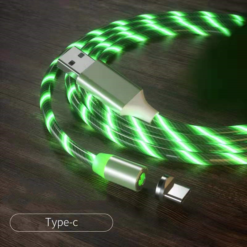 Magnetic LED charging cable with green light trails and USB-A connector