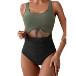 Olive and black one-piece swimsuit with tie-front waist and contrast belly panel