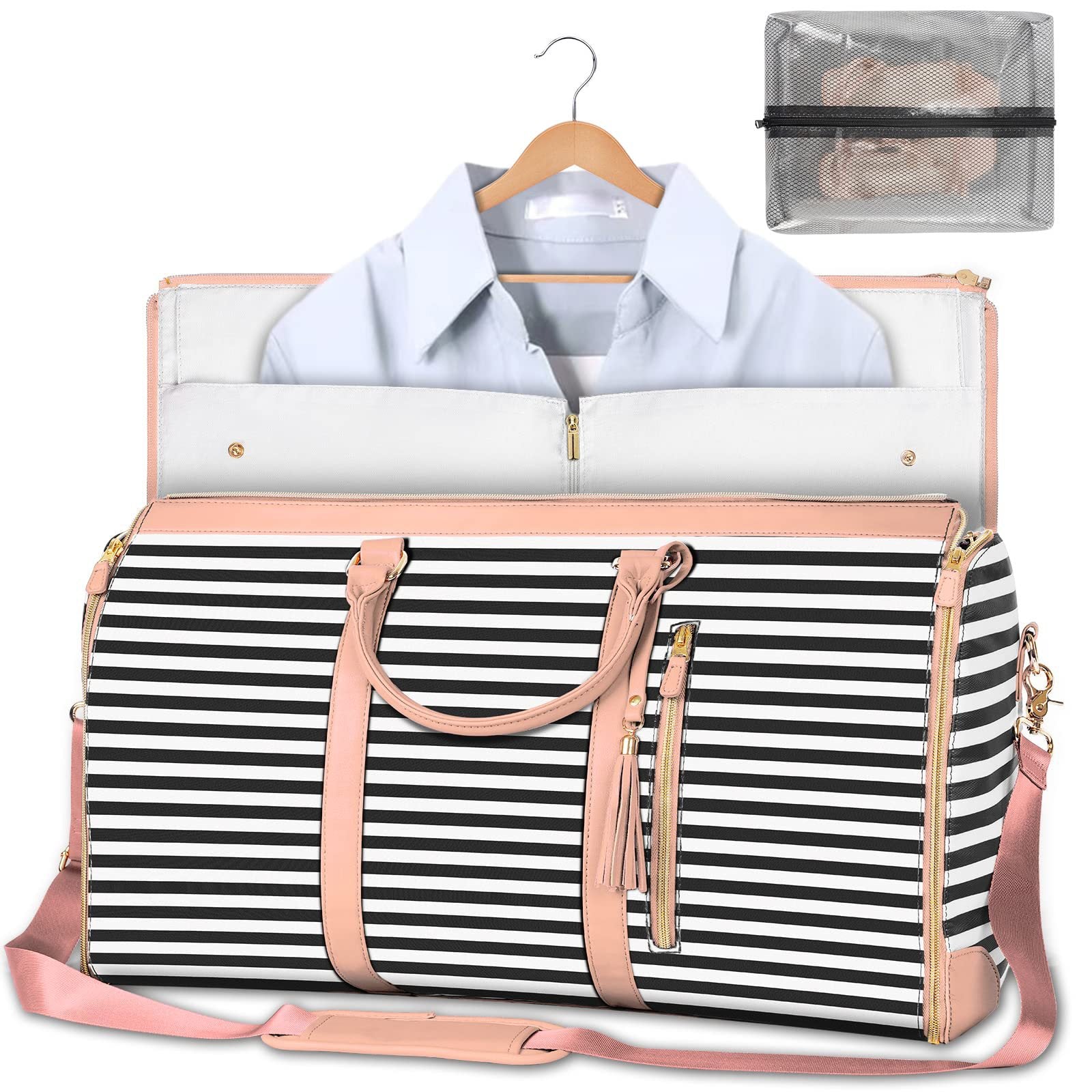 Striped black and white waterproof duffel bag with pink trim, open interior, shoulder strap