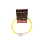USB rechargeable flashing LED pet collar on display with yellow light ring