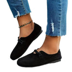 Black suede round-toe flat lace-up shoes with side bow and elastic detail