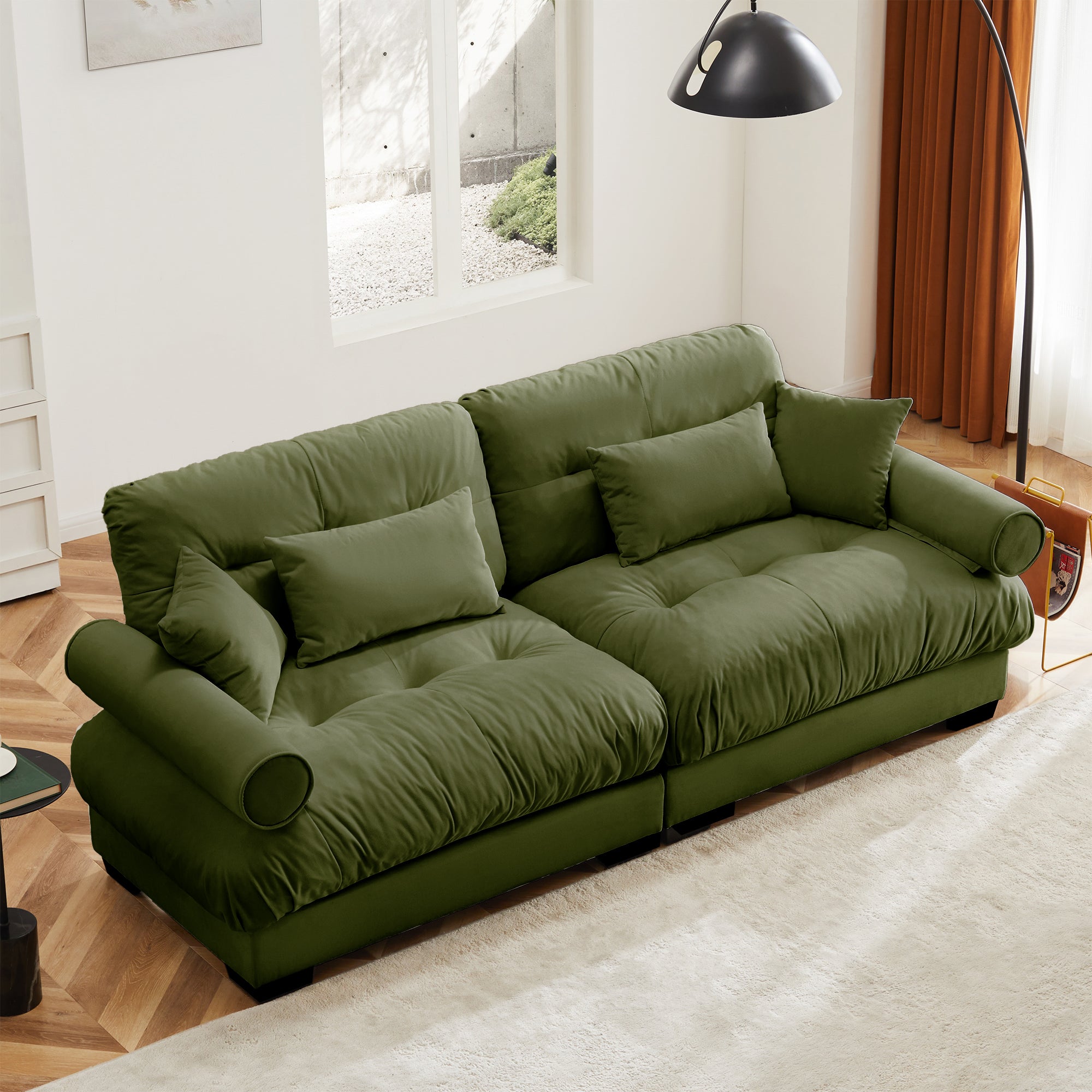 Sofá Moderno Grande de Dos Plazas con Reposabrazos Acolchados, Sofá de Terciopelo de 2 Plazas con Cojines Lumbares y Cojines Decorativos, Adecuado para Salones, Lofts, Espacios de Trabajo, Pasillos y Dormitorios, Verde Oliva