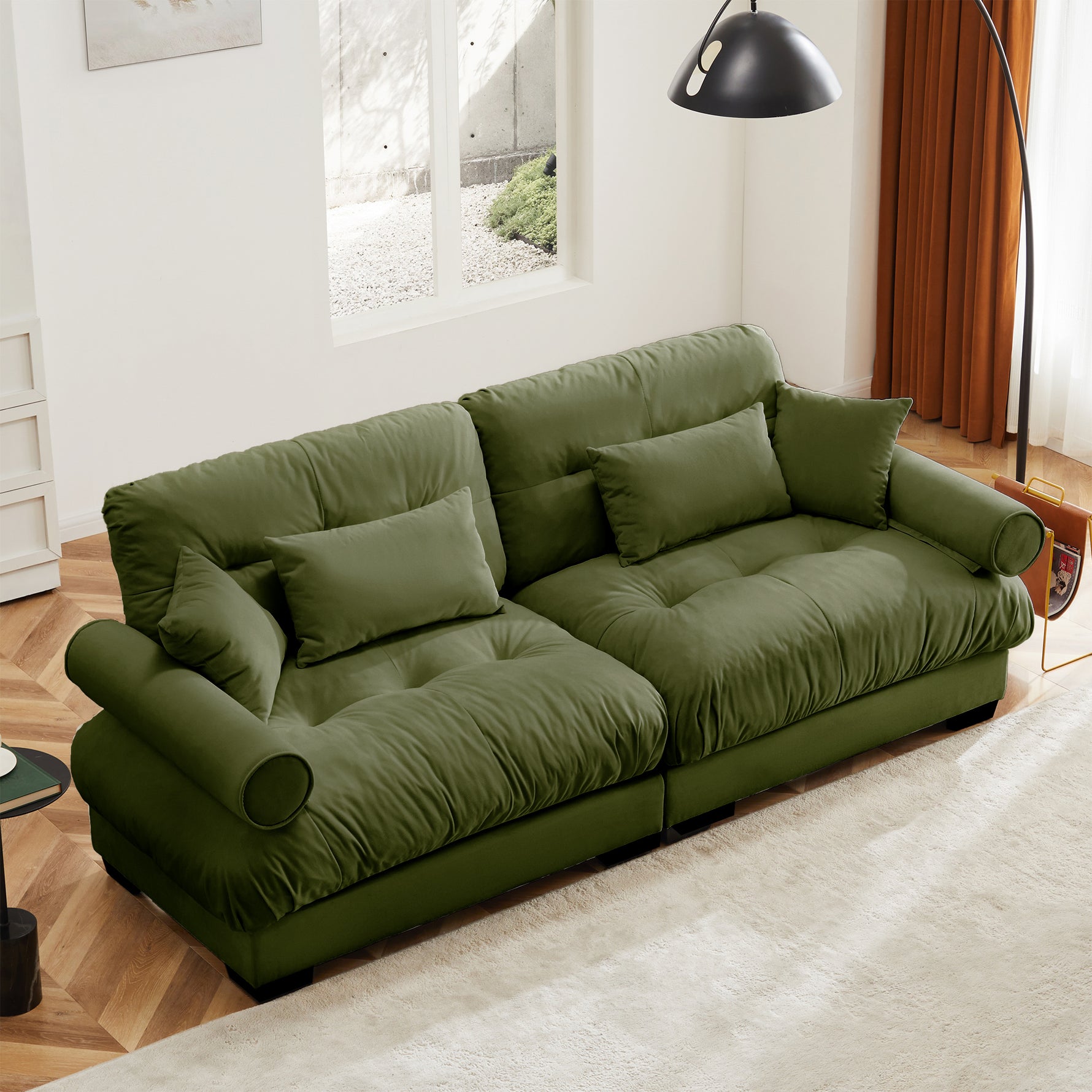 Large Size Modern Two-seater Sofa With Bolstered Armrests,Velvet 2-Seater Sofa With Waist Pillows And Throw Pillows , Suitable For Living Room , Loft, Working Spaces , Hallway And Bedroom,Olive Green