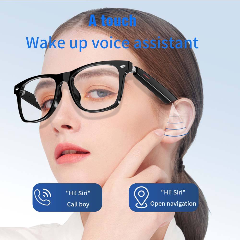 Black smart glasses on face, temple control bar near ear with touch control