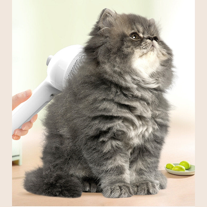 White pet grooming brush brushing a gray cat’s fluffy coat, handheld comb head