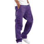 Purple cargo pants with drawstring ankle, straight leg, multiple utility pockets