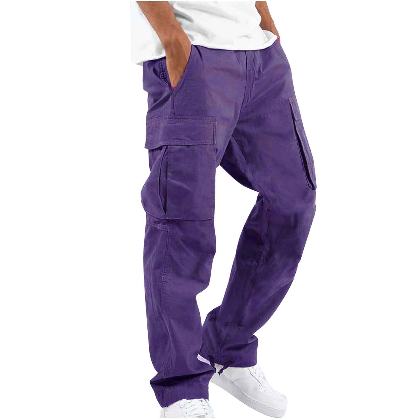 Purple cargo pants with drawstring ankle, straight leg, multiple utility pockets