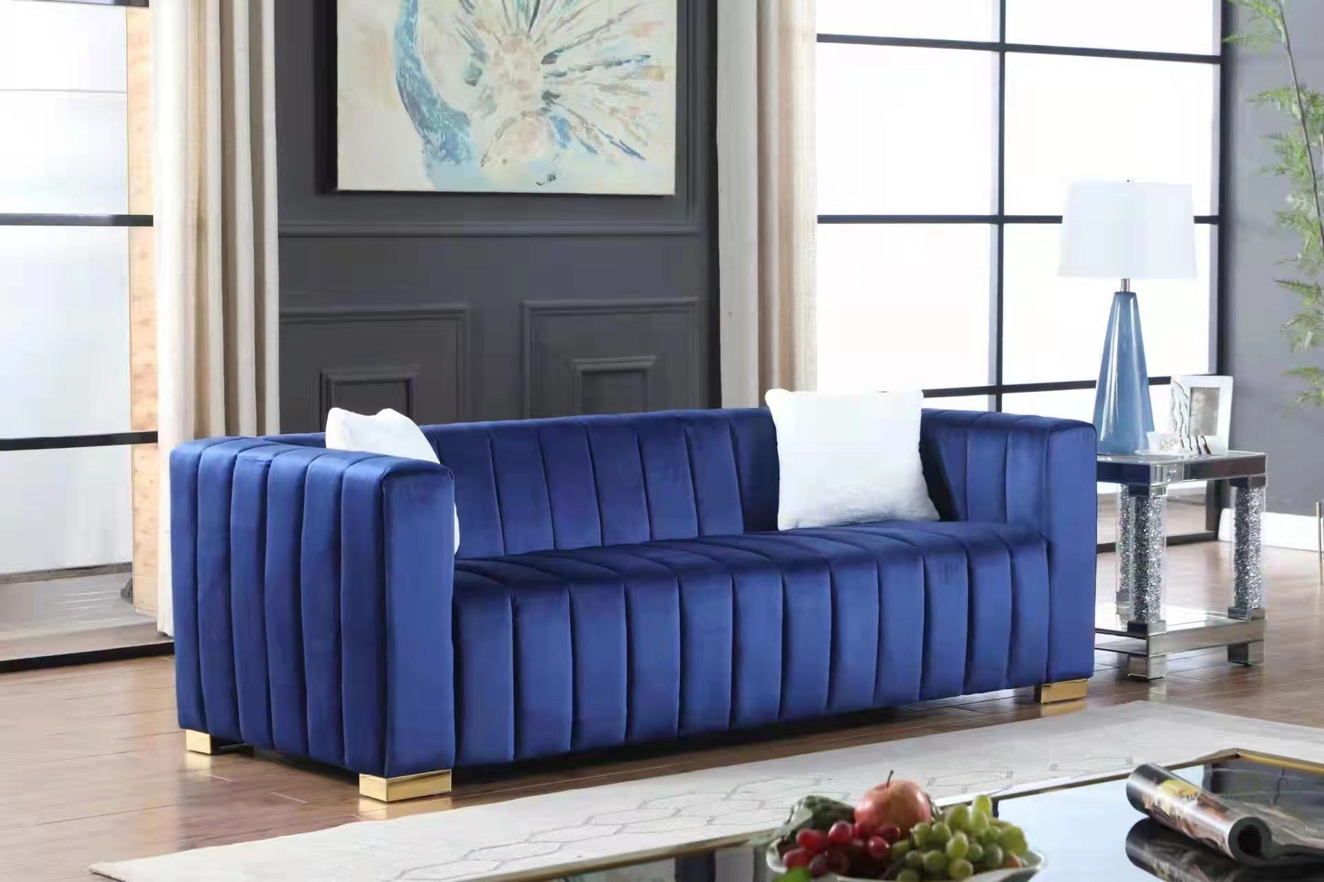 Sofá de 3 plazas con canales, moderno, estilo Chesterfield, color azul marino