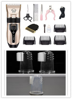 Pet hair clipper with tools and guards, plus charging cable in a kit layout.