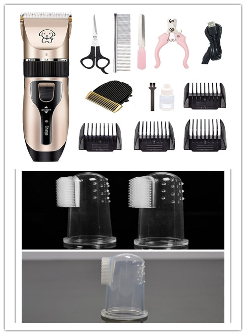 Pet hair clipper with tools and guards, plus charging cable in a kit layout.