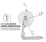 Adjustable aluminum stand with dual adjustable sections and rotation hinges, silver