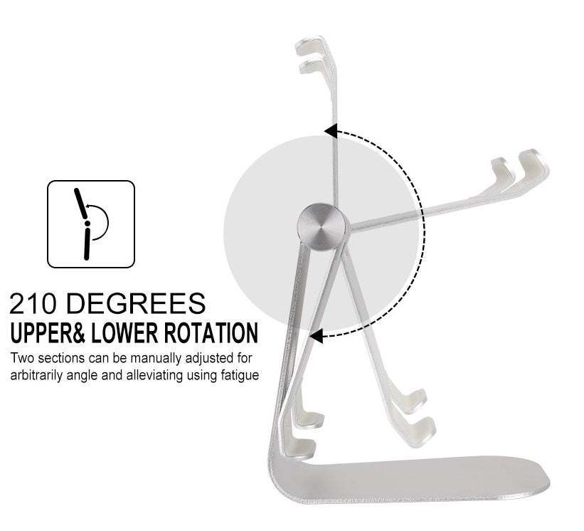 Adjustable aluminum stand with dual adjustable sections and rotation hinges, silver