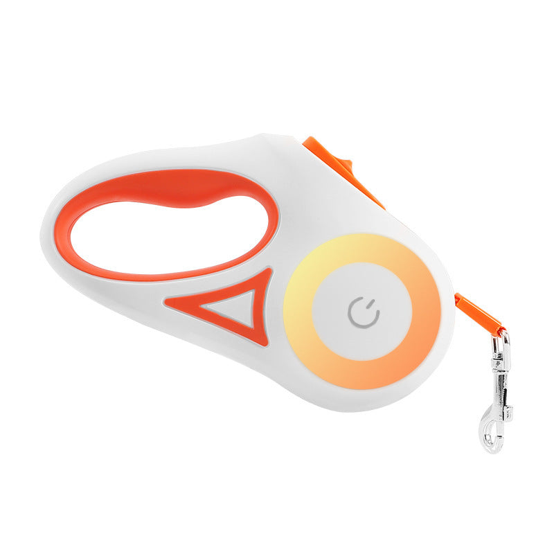 Orange retractable pet leash with glowing LED ring and metal snap hook