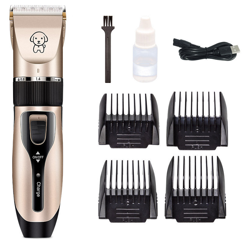 Rechargeable pet hair clipper kit with charging cable, oil bottle, and multiple comb guards