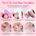 False nail application steps with zebra-print press-ons on fingers