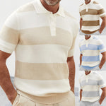 Men's short-sleeve knit polo sweater with horizontal beige and cream color-block stripes
