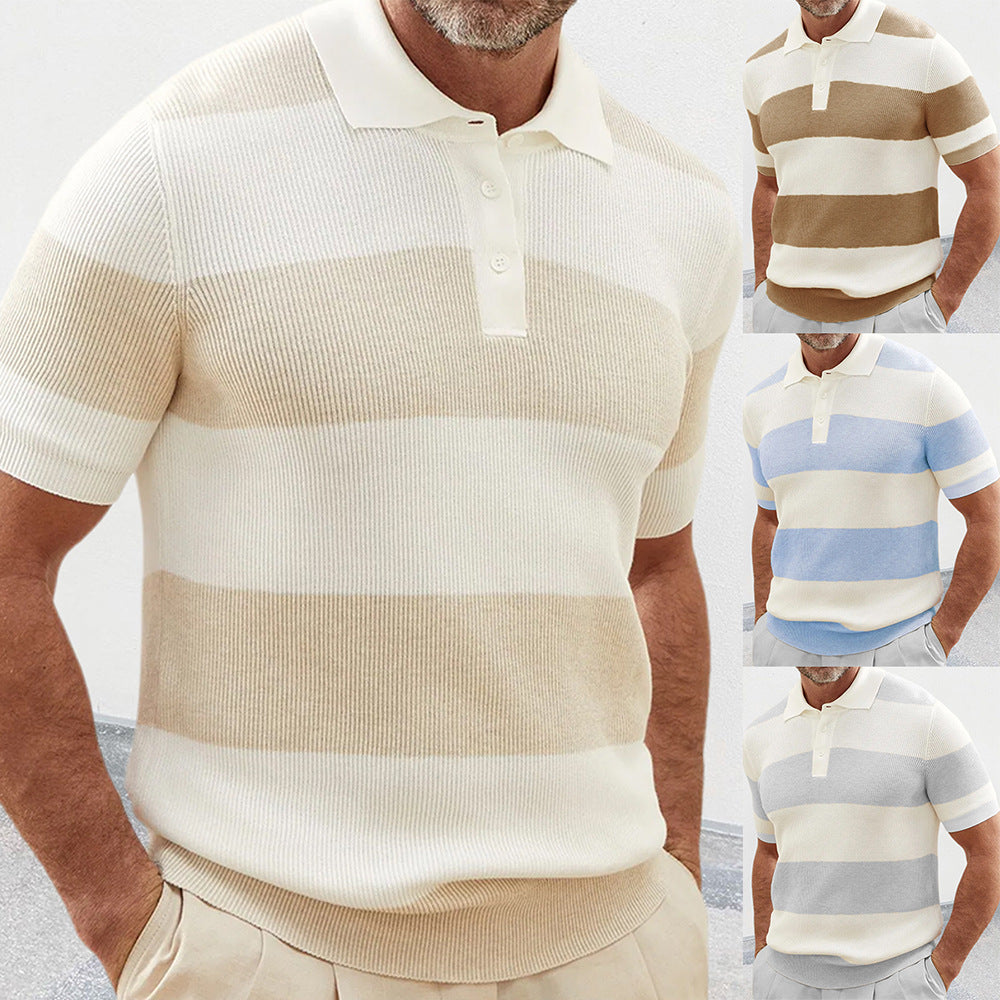 Men's short-sleeve knit polo sweater with horizontal beige and cream color-block stripes