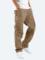 Men’s cargo pants, khaki beige, multi-pocket cargo design, drawstring waist, straight leg