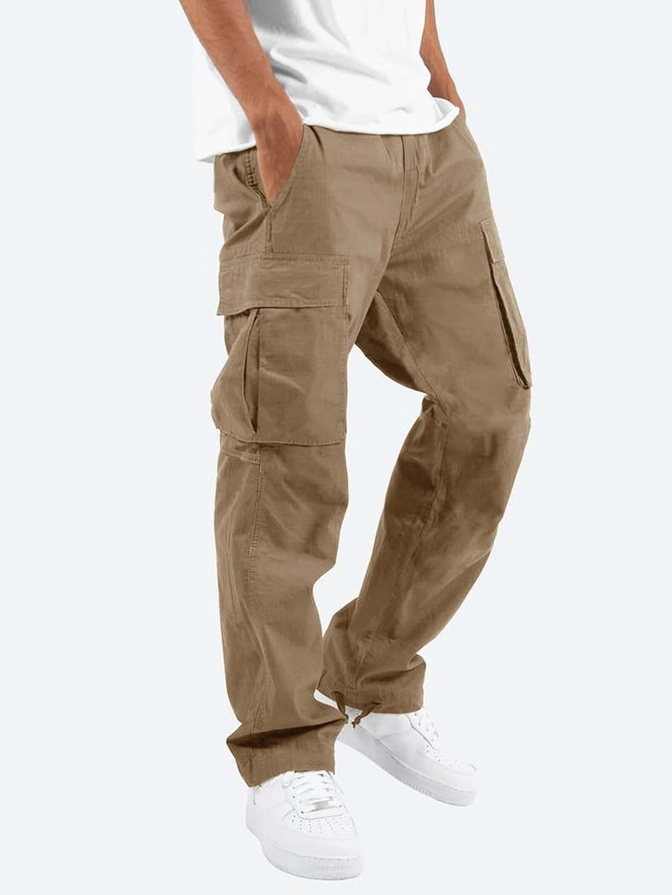 Men’s cargo pants, khaki beige, multi-pocket cargo design, drawstring waist, straight leg