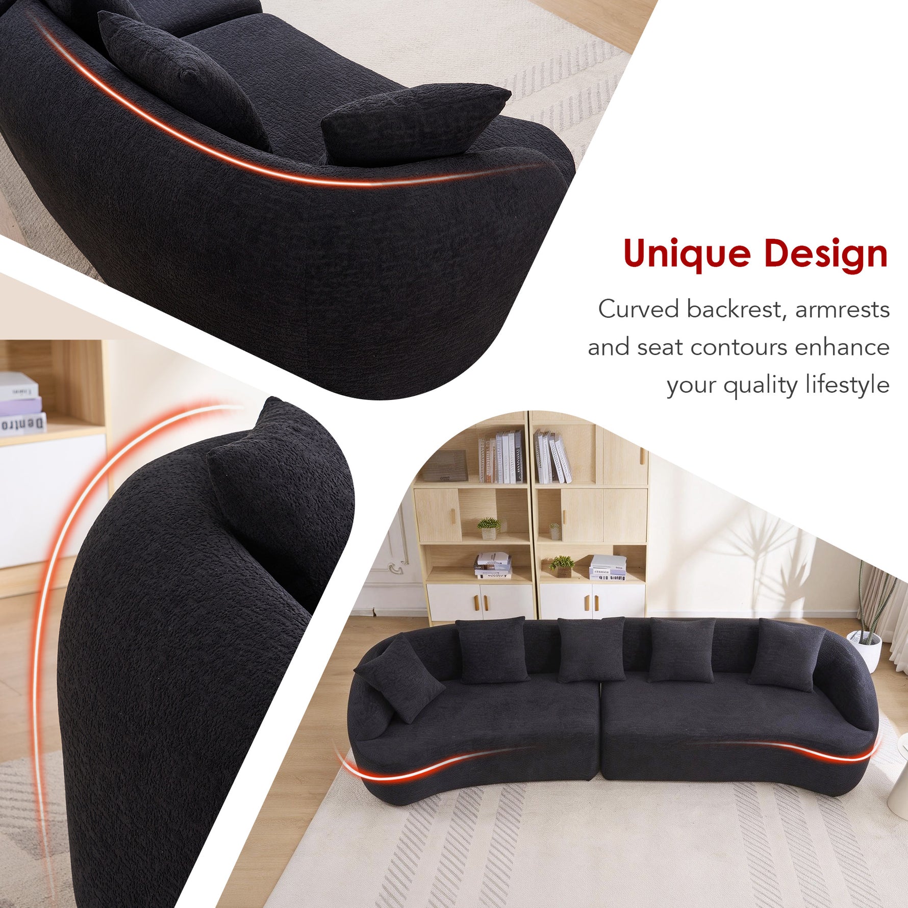 Compression Sponge Sofa Black Curved Modular Sectional  30D High-Density Chenille Sleeper Couch For Apartment Living Room 110L