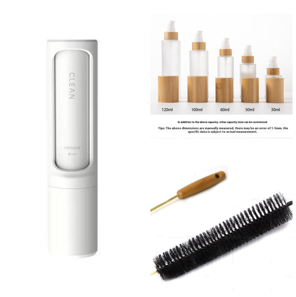 Reusable pet hair remover lint roller set with roller, wooden brush, and black bristle brush.