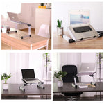 Foldable laptop stand with adjustable arms and two-tier platform holding a laptop