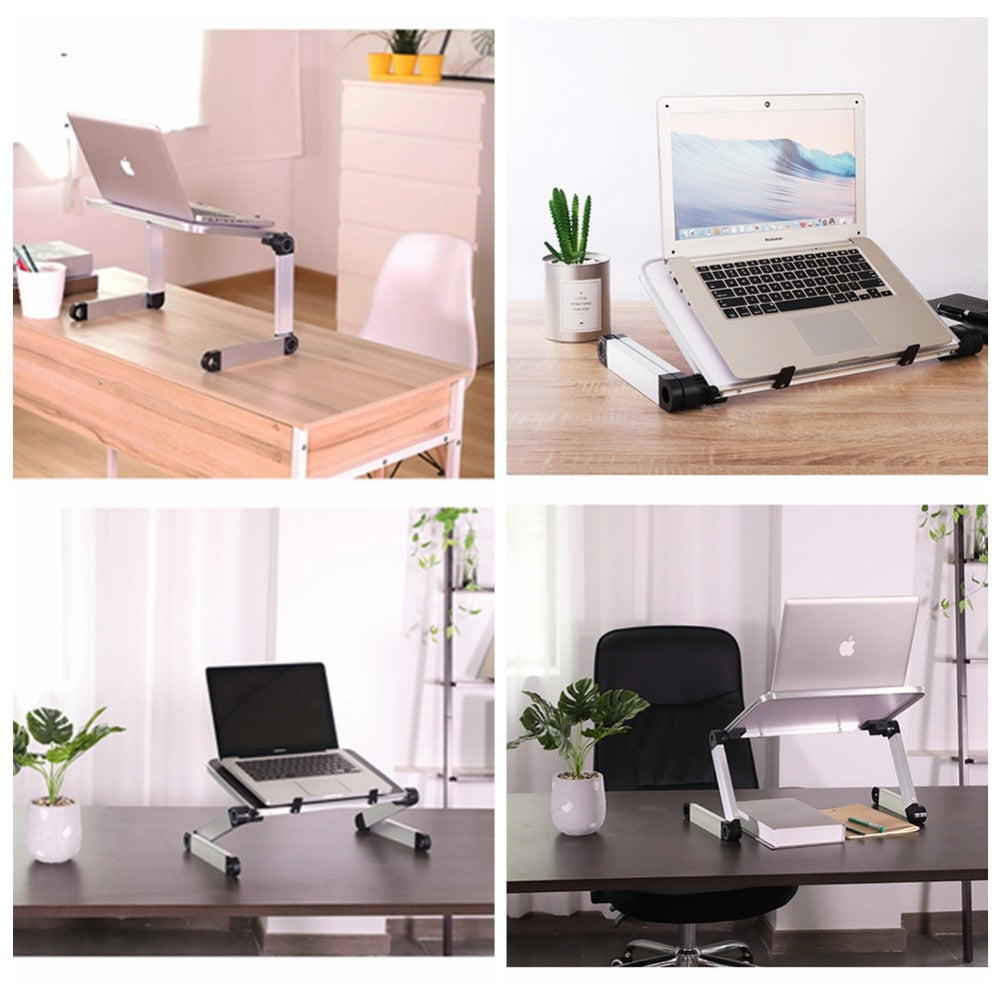 Foldable laptop stand with adjustable arms and two-tier platform holding a laptop