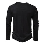 Men's long sleeve henley pullover in black, back view with curved shirttail hem