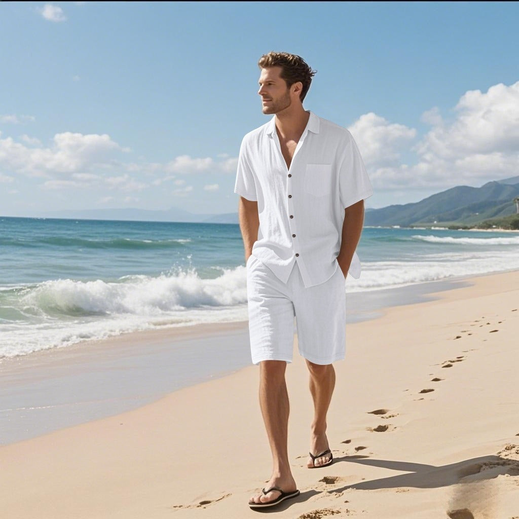 White linen short-sleeve shirt and matching shorts set with open collar and chest pocket