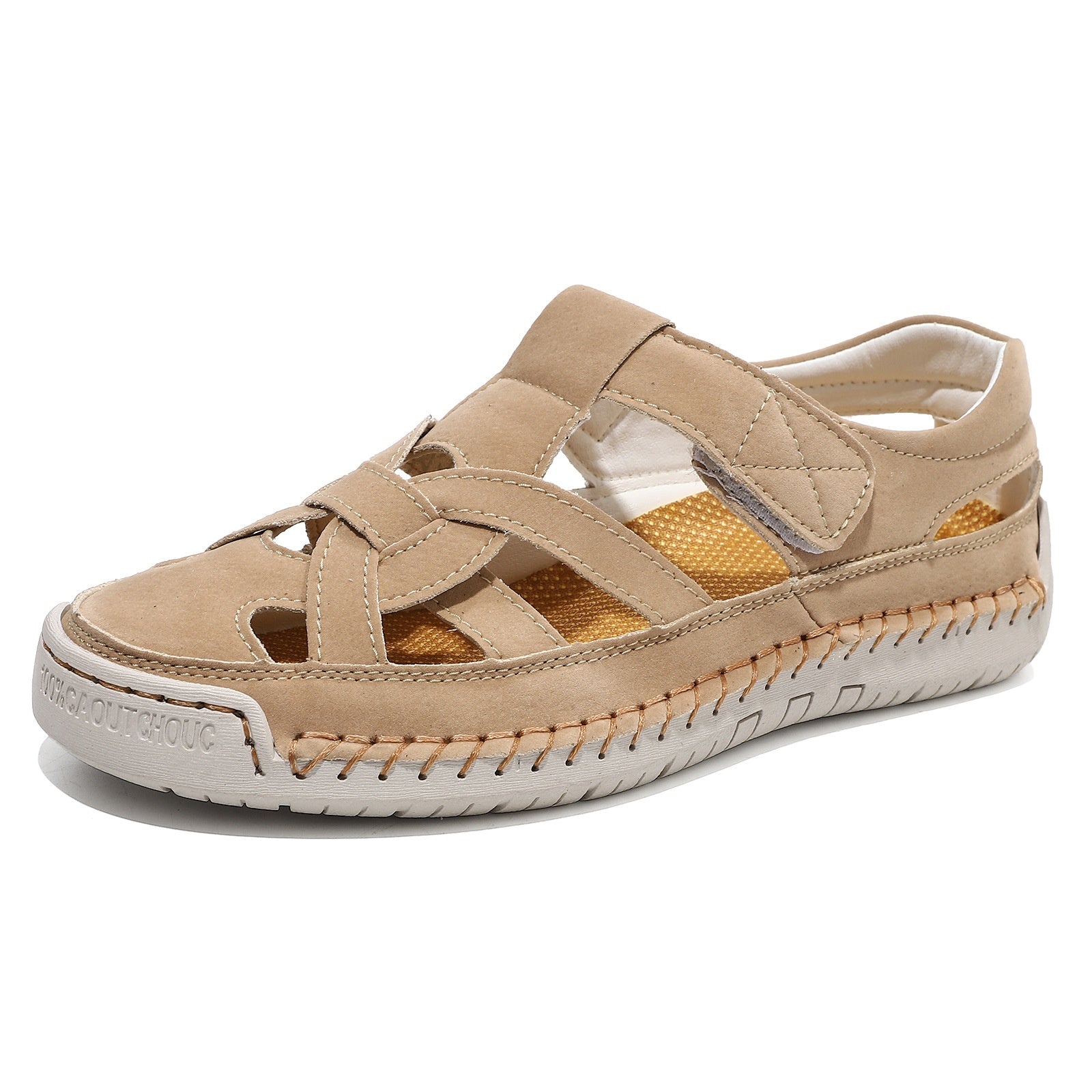 Women's Roman flat woven soft-sole shoes in beige, strap-closure woven upper