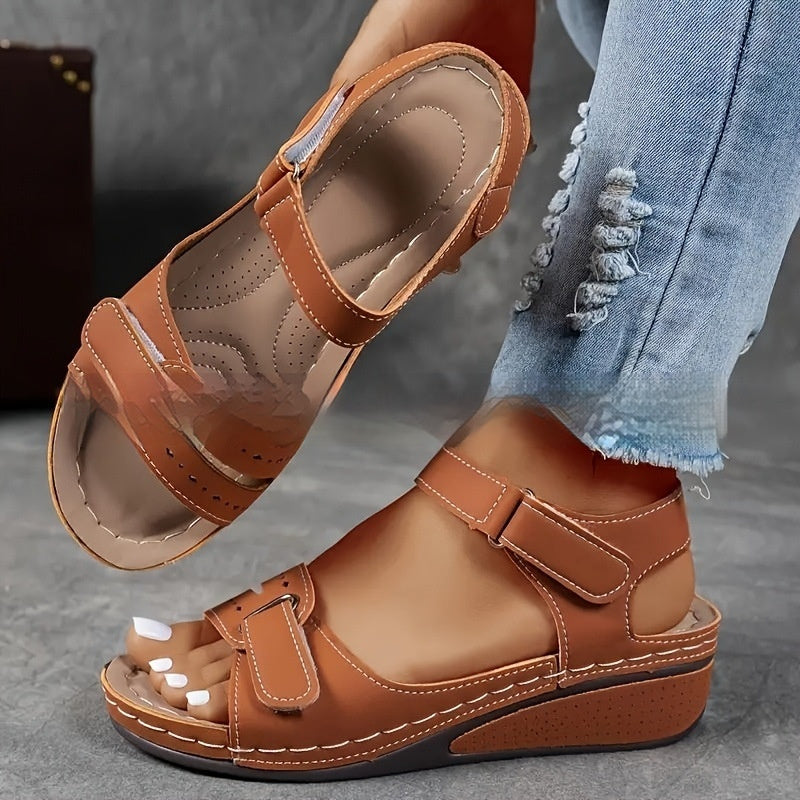 Thick-sole velcro strap sandals, brown with open toe and two adjustable straps