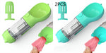 Pet water bottle feeder bowl with waste bag dispenser, green and teal color bottles.